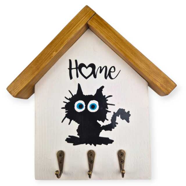 Key Hooks With Cat, Rustic Wall Mounted Key Rack, Hallway Organiser, Holder For Cat Lover, New Home Gift, Handmade Christmas Present - image 1