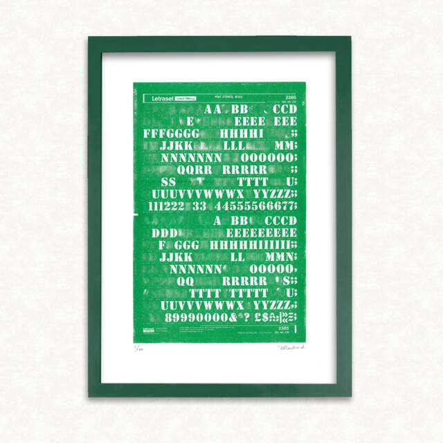 Letraset A3 Green Risograph Print - Distressed Typography Stencil Font Retro 1972 Signed & Limited Print Run Of 100 - image 1