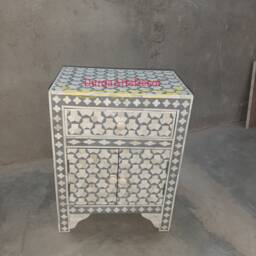 Bone Inlay Grey Geometric Pattern Bedside Nightstand - thumbnail 2