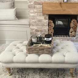 Square 76 cm X Footstool/Coffee Table Ottoman, Deep Buttoned, Chesterfield Style Faux Linen - thumbnail 2