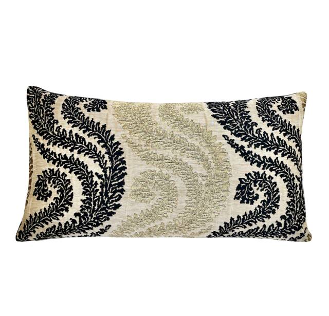 Metallic Gold Embroidered Pillow Cover Black Floral Swirl, Boho Home Decor - image 1