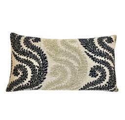 Metallic Gold Embroidered Pillow Cover Black Floral Swirl, Boho Home Decor - thumbnail 1