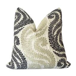 Metallic Gold Embroidered Pillow Cover Black Floral Swirl, Boho Home Decor - thumbnail 3