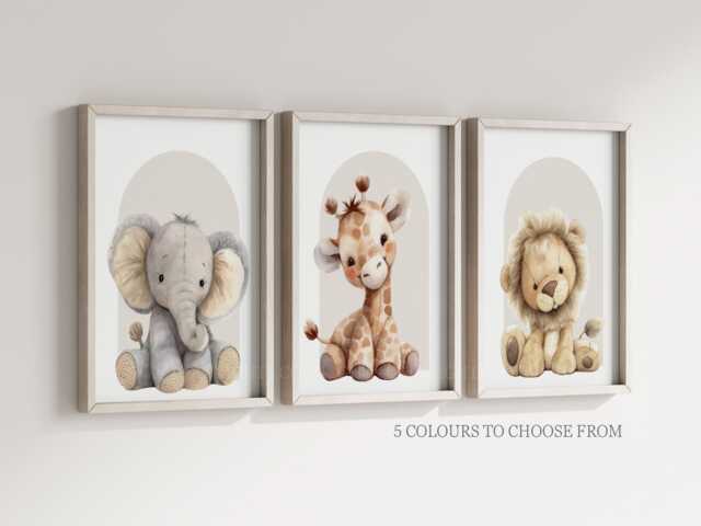 Safari Giraffe Lion Elephant Animal Baby Girls Boys A4 Or A3 Nursery Set Of Unframed Prints Unisex Neutral Boho Beige Teddy Plush Zoo Jungle - image 1
