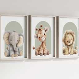 Safari Giraffe Lion Elephant Animal Baby Girls Boys A4 Or A3 Nursery Set Of Unframed Prints Unisex Neutral Boho Beige Teddy Plush Zoo Jungle - thumbnail 2