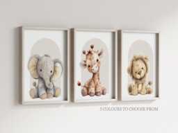 Safari Giraffe Lion Elephant Animal Baby Girls Boys A4 Or A3 Nursery Set Of Unframed Prints Unisex Neutral Boho Beige Teddy Plush Zoo Jungle - thumbnail 1