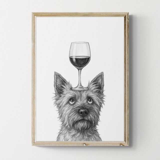 Cairn Terrier Dog Art Print, Funny & Wine Drawing, Lover Wall Decor, Lovers Gifts - image 1