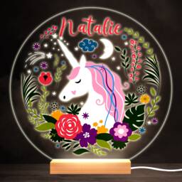 Floral Unicorn Colourful Round Personalised Gift Warm White Led Lamp Night Light - Bedroom