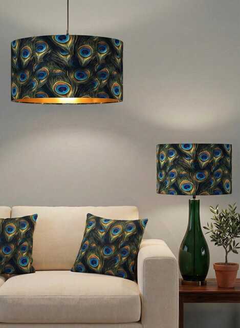 Handmade By Order Luxury Peacock Feathers Print Velvet Drum Lamp Shade Pendant Light All Shapes & Sizes Available On Demand - image 1