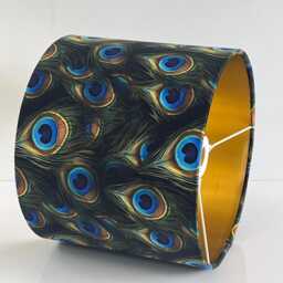 Handmade By Order Luxury Peacock Feathers Print Velvet Drum Lamp Shade Pendant Light All Shapes & Sizes Available On Demand - thumbnail 3