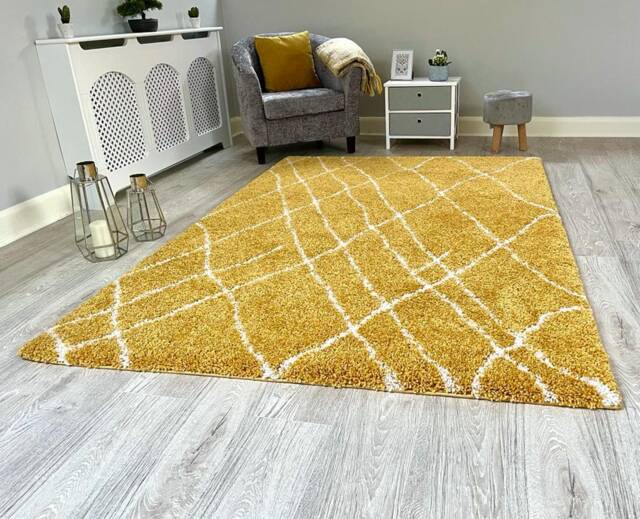 New Ochre Mustard Cream Soft Modern Shaggy Rug Moroccan Sketch Design Thick Non Shed 5cm Pile - image 1