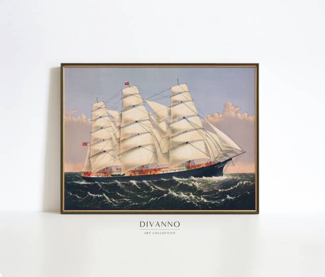Antique Ship Sailing Print Vintage Nautical Seascape Wall Art - image 1