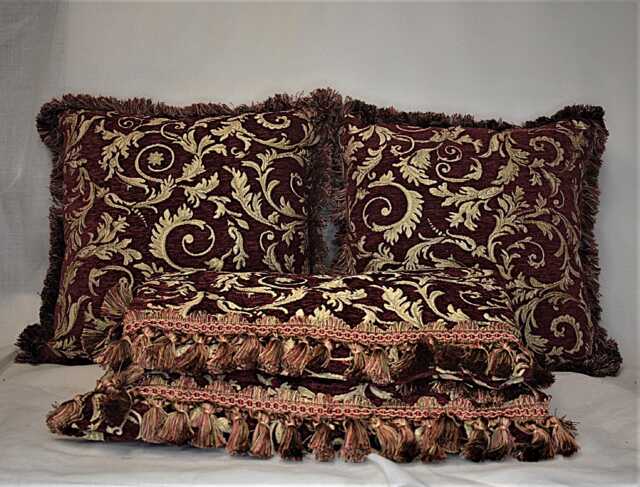 Large Burgundy Red Gold Leaf Chenille Fringe Pillow For Sofa Or Chair Hand Made in Usa - image 1