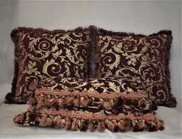 Large Burgundy Red Gold Leaf Chenille Fringe Pillow For Sofa Or Chair Hand Made in Usa - thumbnail 1