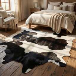 Authentic Black & White Cowhide Rug - Medium Natural Leather Skin For Elegant Interiors - 38x38 Inches - thumbnail 2