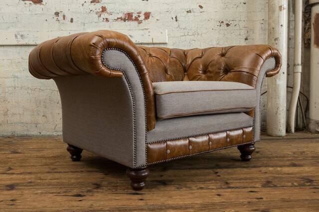 Vintage Tan Leather & Warm Grey Wool Snuggle Chesterfield Armchair - British Handmade - image 1
