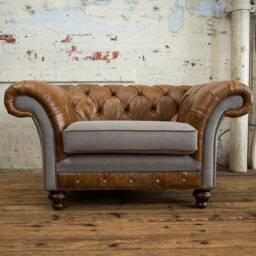 Vintage Tan Leather & Warm Grey Wool Snuggle Chesterfield Armchair - British Handmade - thumbnail 2
