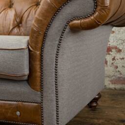 Vintage Tan Leather & Warm Grey Wool Snuggle Chesterfield Armchair - British Handmade - thumbnail 3