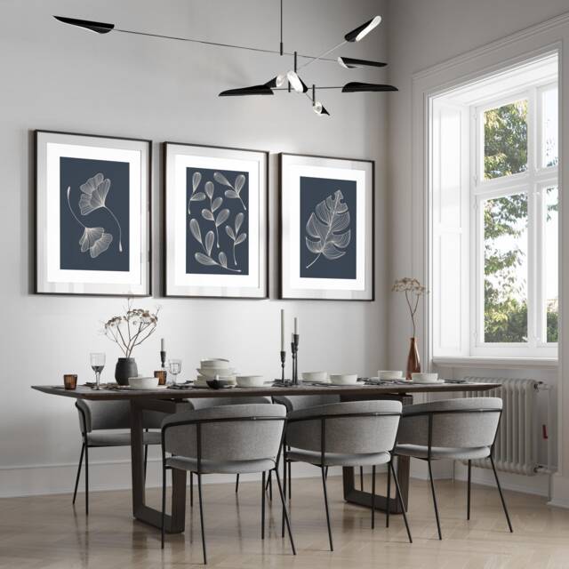 Neutral Wall Prints, Botanical Bedroom Line Art, Home Decor Navy Art Plants, Set Of 3 Prints A4 A3 A2 A1 - image 1