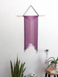 Large Handmade Minimalist Wall Hanging, Eggplant Boho Ombre Tapestry, Macrame Art On Wooden Dowel With Cotton Cords, Chic Design & Decor