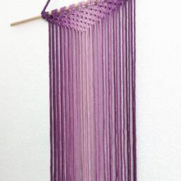 Large Handmade Minimalist Wall Hanging, Eggplant Boho Ombre Tapestry, Macrame Art On Wooden Dowel With Cotton Cords, Chic Design & Decor - thumbnail 2