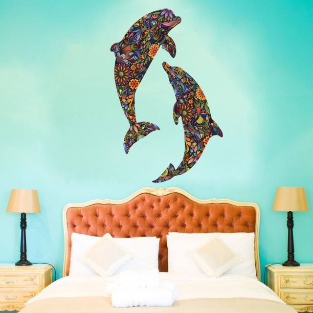 Dolphin Duo Wall Decal Set - Colorful Floral Graphic - image 1