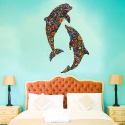 Dolphin Duo Wall Decal Set - Colorful Floral Graphic - thumbnail 1