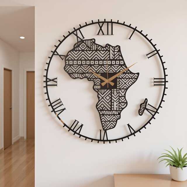 Black Africa Map Clock, Metal Wall Livingroom African Decor, Silent Modern Clock, Housewarming Gift - image 1