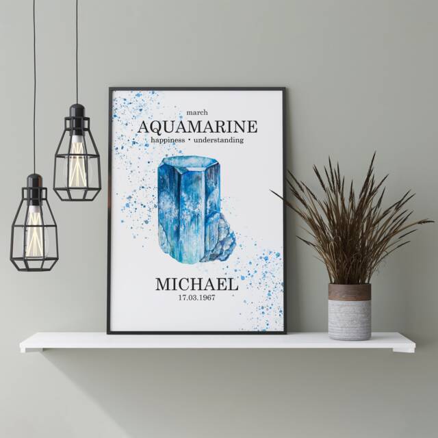 Personalised Aquamarine March Birthstone Watercolour Splash A3, A4, 5x7 & 4x6 Wall Art Prints