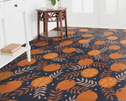 Orange Decorative Motif Vinyl Flooring, Luxury Blue Nursery Fruits Office Decor, Aesthetic Room Decor