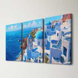 Santorini Greece Cliffside 3 Panel Split Canvas Wall Art Summers Day Summer Cityscape Oil Painting Framed Home Decor - thumbnail 1