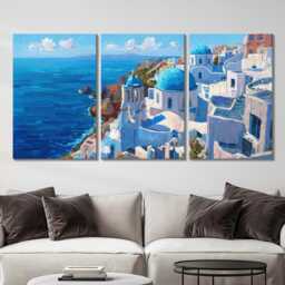 Santorini Greece Cliffside 3 Panel Split Canvas Wall Art Summers Day Summer Cityscape Oil Painting Framed Home Decor - thumbnail 2