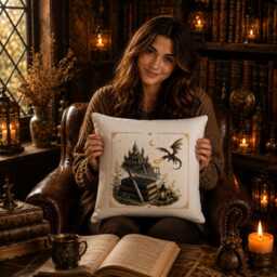 Fantasy Dragon Cushion Cover - Castle & Books Throw Pillow Dark Academia Home Decor Book Lover Gift Reading Nook 40x40cm - thumbnail 1
