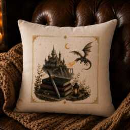 Fantasy Dragon Cushion Cover - Castle & Books Throw Pillow Dark Academia Home Decor Book Lover Gift Reading Nook 40x40cm - thumbnail 2