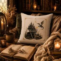 Fantasy Dragon Cushion Cover - Castle & Books Throw Pillow Dark Academia Home Decor Book Lover Gift Reading Nook 40x40cm - thumbnail 3