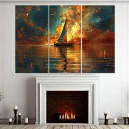 Milky Way Painting Canvas Print, Sailboat Under Stars Abstract Nebula Painting, Space Wall Decor, Framed & Ready To Hang - thumbnail 3