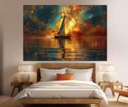 Milky Way Painting Canvas Print, Sailboat Under Stars Abstract Nebula Painting, Space Wall Decor, Framed & Ready To Hang - thumbnail 1