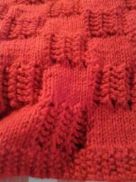Red Handmade Hand-Knitted Worsted Weight Acrylic & Wool Blend Squares & Lace Baby Afghan Or Blanket - thumbnail 1