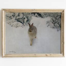 Snow Hare Print, Winter Forest Painting, Vintage Christmas Wall Art, Nordic Evergreen Landscape Poster, Digital Printable, Holiday Canvas - thumbnail 2