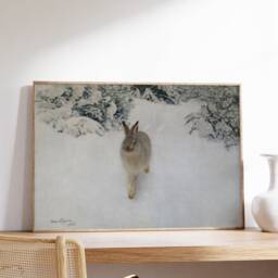 Snow Hare Print, Winter Forest Painting, Vintage Christmas Wall Art, Nordic Evergreen Landscape Poster, Digital Printable, Holiday Canvas - thumbnail 3