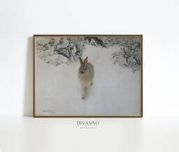 Snow Hare Print, Winter Forest Painting, Vintage Christmas Wall Art, Nordic Evergreen Landscape Poster, Digital Printable, Holiday Canvas - thumbnail 1