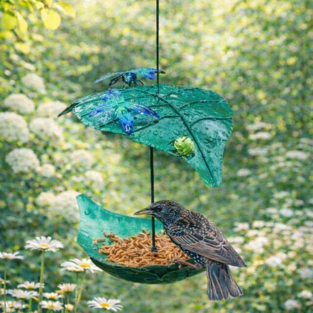 Metal Hanging Leaf Birdfeeder With Bufferfly. Handmade Hanging Feeder. Outdoor Garden Decor - image 1