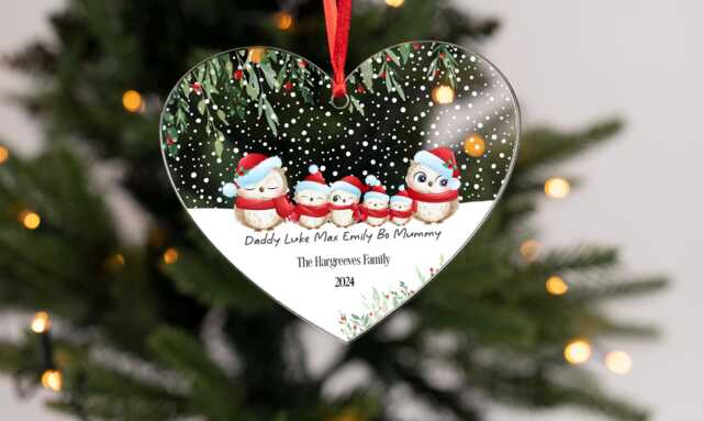 Personalised Owl Family Hanging Heart First Christmas As Of Four Acrylic Tree Decoration Free Gift Bag - image 1