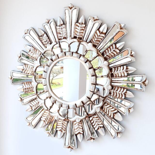 Peruvian Silver Mountain Mirror 60 cm Handmade Wall Decor - Carved Wood Round Artistic Statement For Living Room Bathroom - image 1
