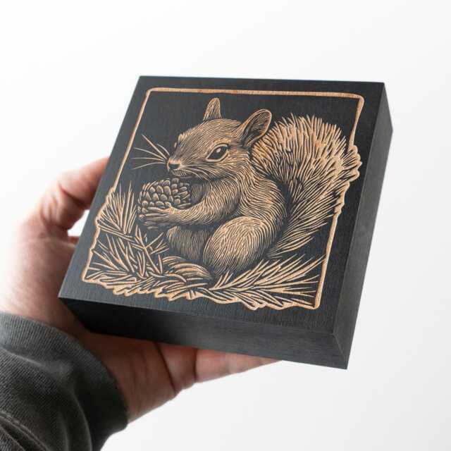 Squirrel Engraved Birch Wood Panel - Block Print Style Woodland Animal Wall Art, Cute Illustration, Forest Cabin Nature Decor Gift - image 1