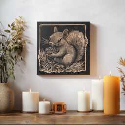 Squirrel Engraved Birch Wood Panel - Block Print Style Woodland Animal Wall Art, Cute Illustration, Forest Cabin Nature Decor Gift - thumbnail 2