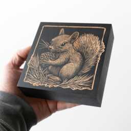 Squirrel Engraved Birch Wood Panel - Block Print Style Woodland Animal Wall Art, Cute Illustration, Forest Cabin Nature Decor Gift - thumbnail 1