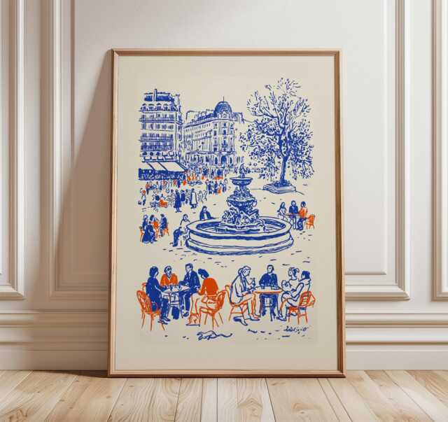 Fountain Piazza Poster, Blue Line Art City Scene Print, Modern Illustration Decor - image 1