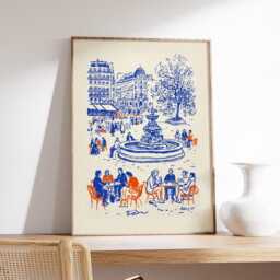 Fountain Piazza Poster, Blue Line Art City Scene Print, Modern Illustration Decor - thumbnail 2