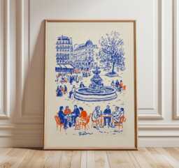 Fountain Piazza Poster, Blue Line Art City Scene Print, Modern Illustration Decor - thumbnail 1